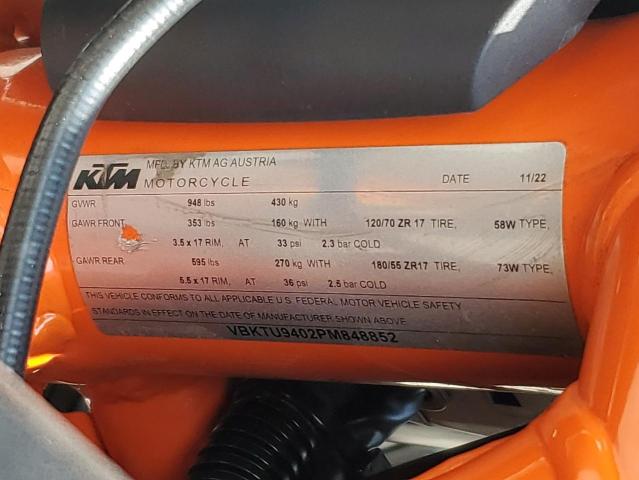 2023 Ktm 890 VIN VBKTU9402PM848852 COPART salvage auction — FRONT END, Pa - Certificate Of Salvage, sold $3,350 on 2026-07-08 (photo 8)