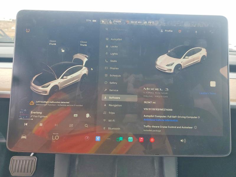 2022 Tesla VIN 5YJ3E1EB1NF274069 COPART salvage auction — FRONT END, Ca - Salvage Certificate, sold $10,200 on 2026-07-20 (photo 9)