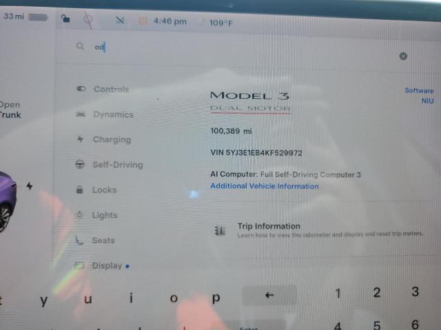 2019 Tesla Model 3 VIN 5YJ3E1EB4KF529972 COPART salvage auction — SIDE, Fl - Cert Of Title Slvg Rebuildable, sold $6,700 on 2026-07-10 (photo 9)