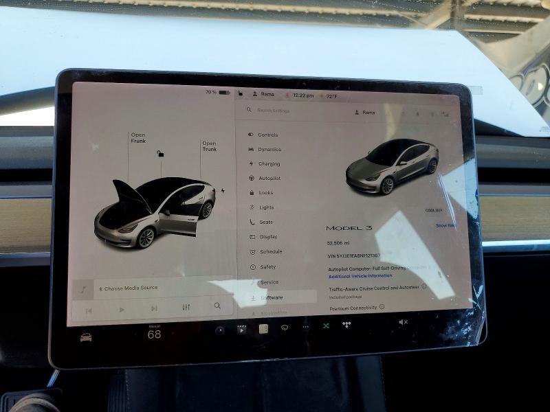 2022 Tesla Model 3 VIN 5YJ3E1EA8NF121387 COPART salvage auction — FRONT END, Ca - Salvage Certificate, sold $4,800 on 2026-07-23 (photo 9)
