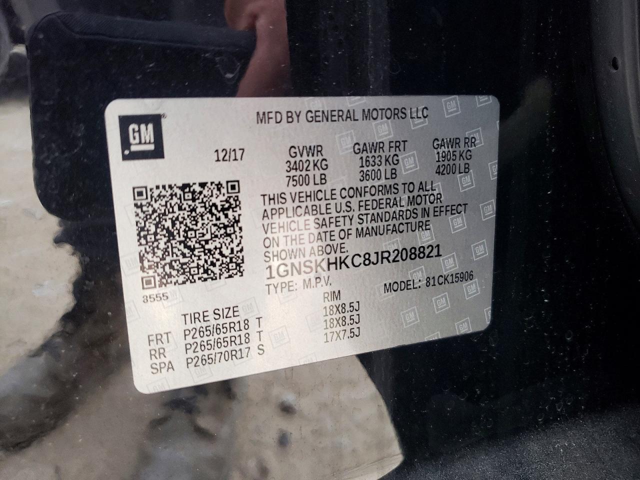 2018 Chevrolet VIN 1GNSKHKC8JR208821 COPART salvage auction — MINOR DENT/SCRATCHES, Tx - Certificate Of Title (P), sold $9,100 on 2026-07-02 (photo 6)