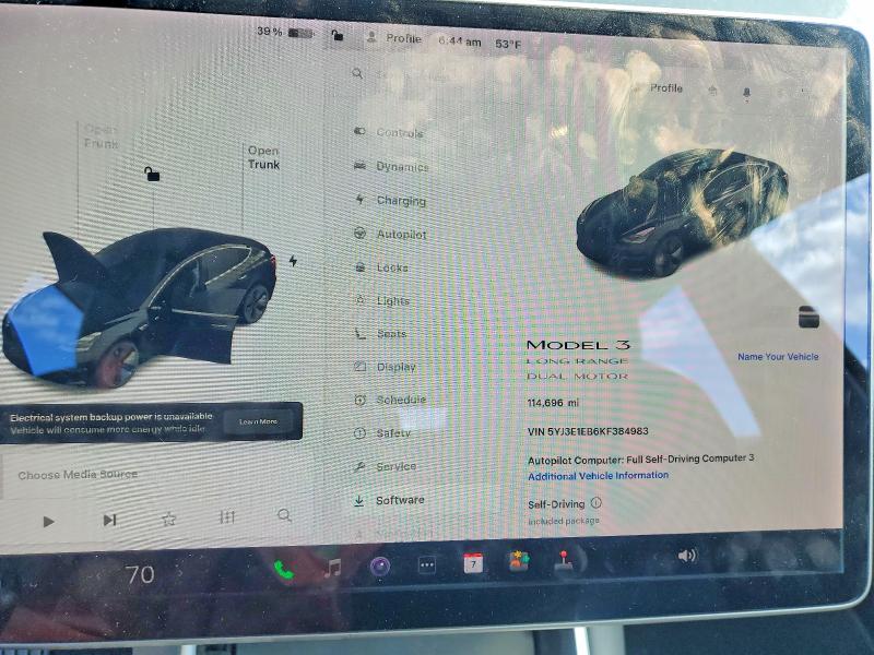 2019 Tesla VIN 5YJ3E1EB6KF384983 COPART salvage auction — FRONT END, Nj - Cert Of Title-Salvage, sold $6,400 on 2026-07-10 (photo 9)