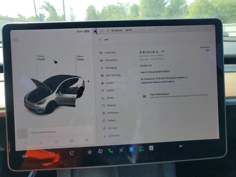 2021 Tesla Model y VIN 5YJYGAEE3MF136901 COPART salvage auction — FRONT END, NJ - CERT OF TITLE-SALVAGE, sold $10,700 on 2026-07-31 (photo 9)