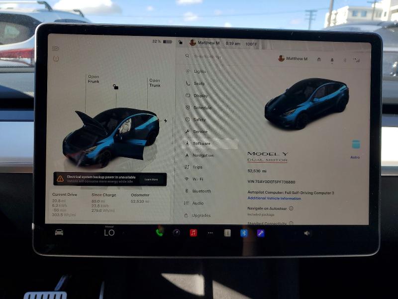 2023 Tesla Model y VIN 7SAYGDEF5PF738880 COPART salvage auction — FRONT END, Az - Dis/Dlr/Exp Only Salvage Title, sold $12,600 on 2026-07-27 (photo 9)