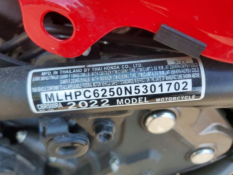 2022 Honda Cbr VIN MLHPC6250N5301702 COPART salvage auction — STRIPPED, Ny - Certificate Of Title, sold $600 on 2026-07-23 (photo 9)