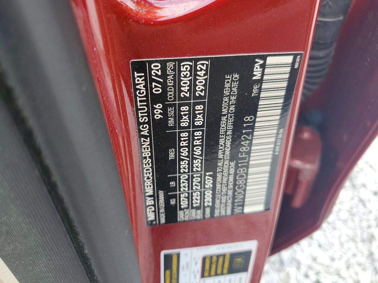 2020 Mercedes-benz VIN W1N0G8DB1LF842118 COPART salvage auction — MECHANICAL, Ga - Certificate Of Title, sold $11,200 on 2026-07-28 (photo 7)