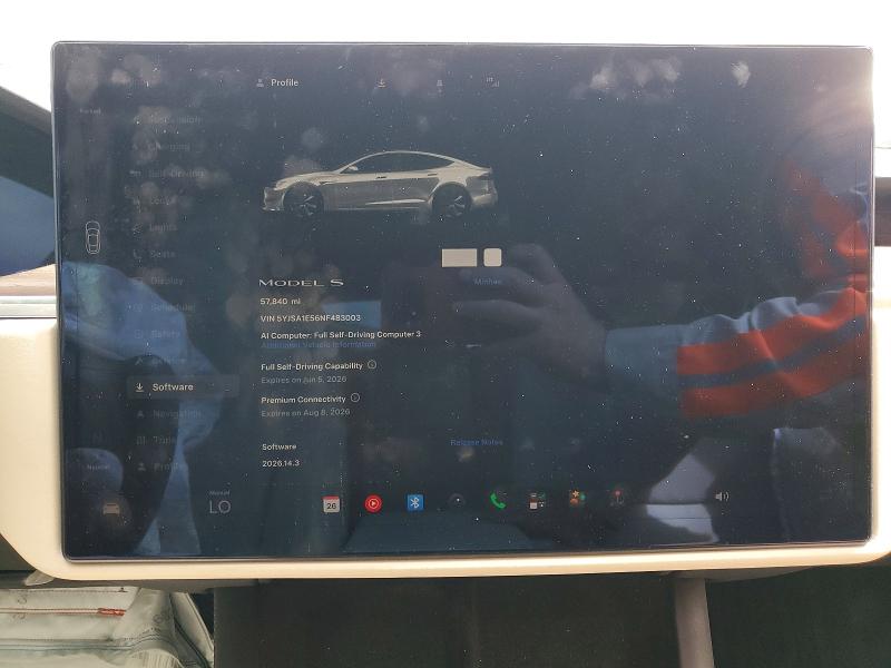 2022 Tesla Model s VIN 5YJSA1E56NF483003 COPART salvage auction — FRONT END, Ca - Salvage Certificate, sold $11,400 on 2026-07-22 (photo 9)