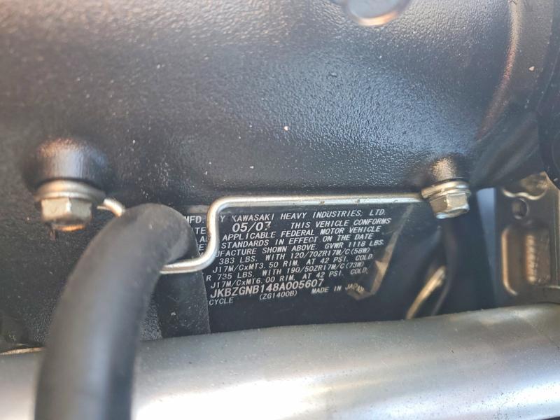 2008 Kawasaki Zg VIN JKBZGNB148A005607 COPART salvage auction — FRONT END, In - Cert Of Title-Salvage Title, sold $25 on 2026-07-30 (photo 8)