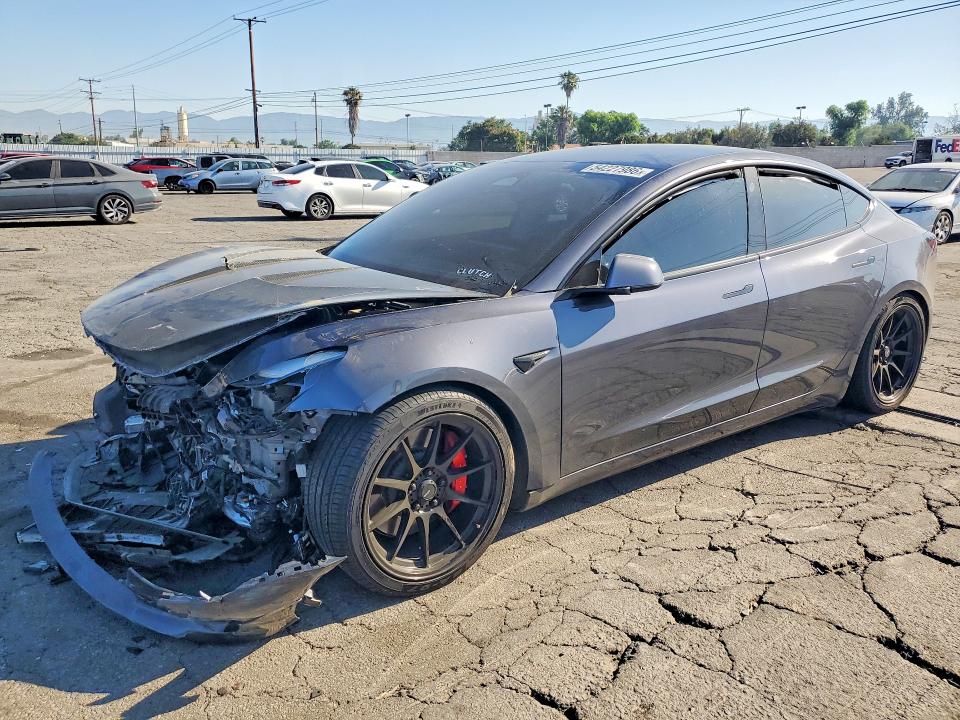 2023 Tesla Model 3 VIN 5YJ3E1EC4PF715740 COPART salvage auction — FRONT END, Ca - Salvage Certificate, sold $8,500 on 2026-07-30 (photo 1)
