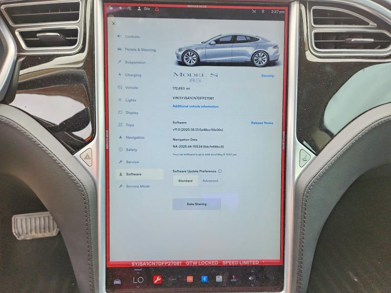 2013 Tesla VIN 5YJSA1CN7DFP27081 COPART salvage auction — FRONT END, Ca - Salvage Certificate, sold $2,850 on 2026-07-31 (photo 9)