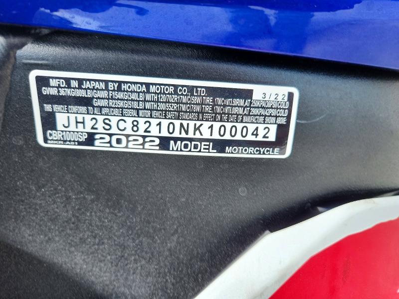 2022 Honda Cbr VIN JH2SC8210NK100042 COPART salvage auction — FRONT END, Tx - Salvage Vehicle Title, sold $4,900 on 2026-07-23 (photo 8)