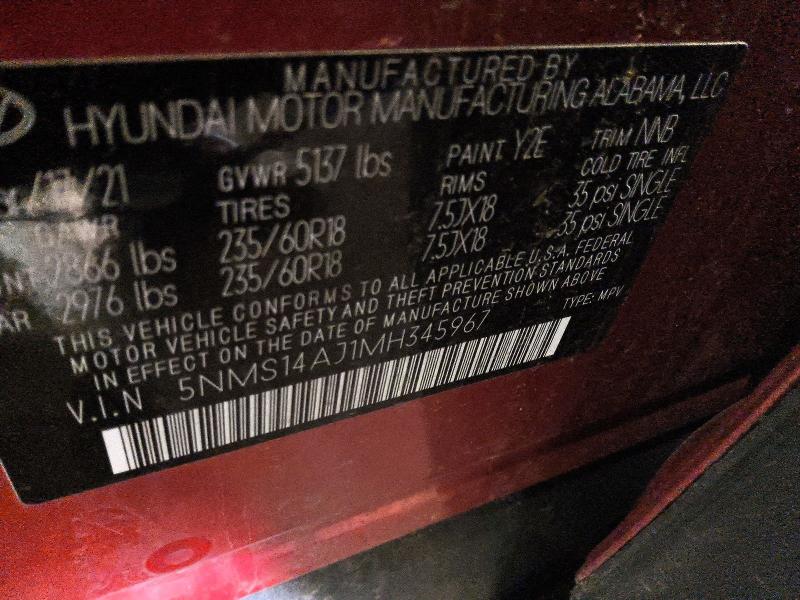 2021 Hyundai Santa fe VIN 5NMS14AJ1MH345967 COPART salvage auction — FRONT END, Wv - Certificate Of Title, sold $6,600 on 2026-07-09 (photo 8)