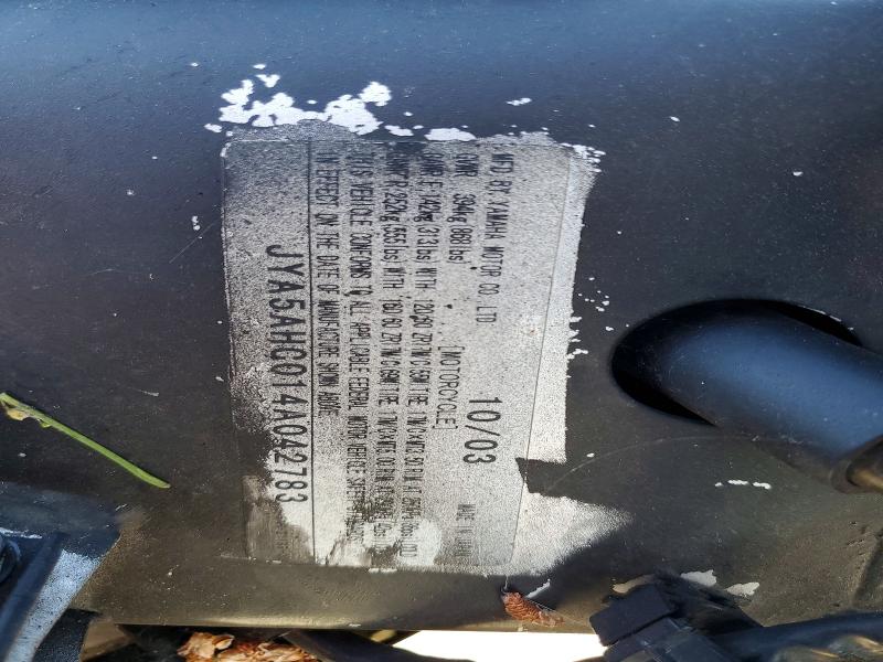 2004 Yamaha Yzf VIN JYA5AHC014A042783 COPART salvage auction — FRONT END, Ca - Salvage Certificate, sold $30 on 2026-07-23 (photo 9)