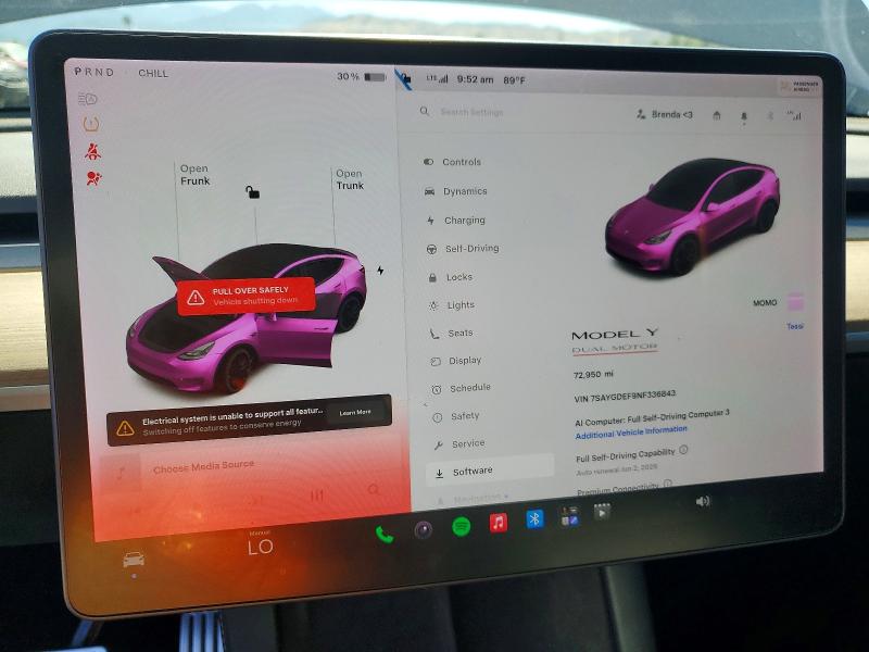 2022 Tesla Model y VIN 7SAYGDEF9NF336843 COPART salvage auction — UNDERCARRIAGE, Ca - Salvage Certificate, sold $7,900 on 2026-07-08 (photo 9)