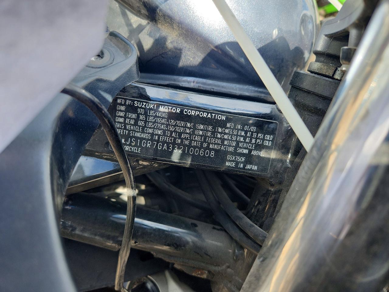 2003 Suzuki GSX750 VIN JS1GR7GA332100608 COPART salvage auction — Side, IL - SALVAGE CERTIFICATE, sold $15 on 2026-06-25 (photo 9)