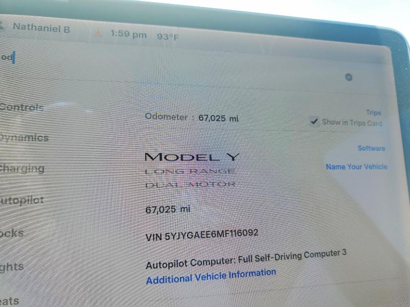 2021 Tesla VIN 5YJYGAEE6MF116092 COPART salvage auction — REAR END, Tx - Salvage Vehicle Title, sold $8,500 on 2026-07-09 (photo 9)