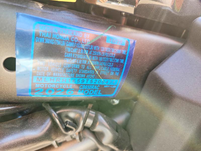 2026 Honda Cb VIN MLHRH1659T5200436 COPART salvage auction — SIDE, Id - Salvage Certificate Of Title, sold $2,150 on 2026-07-30 (photo 9)