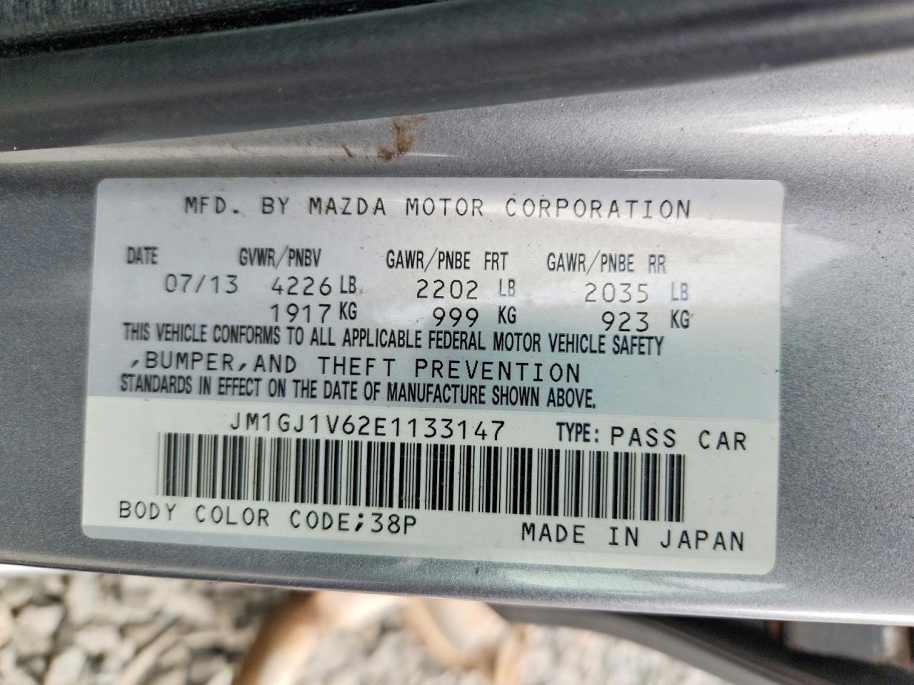 2014 Mazda VIN JM1GJ1V62E1133147 COPART salvage auction — REAR END, Nj - Cert Of Title-Salvage, sold $375 on 2026-07-31 (photo 8)