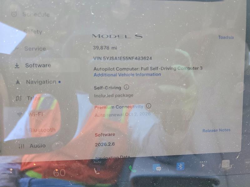 2022 Tesla VIN 5YJSA1E55NF483624 COPART salvage auction — FRONT END, Ca - Salvage Certificate, sold $8,400 on 2026-07-28 (photo 9)