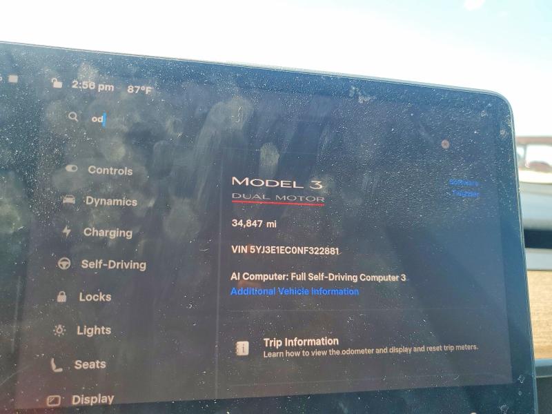 2022 Tesla Model 3 VIN 5YJ3E1EC0NF322881 COPART salvage auction — HAIL, TX - CERTIFICATE OF TITLE, sold $6,200 on 2026-07-30 (photo 9)