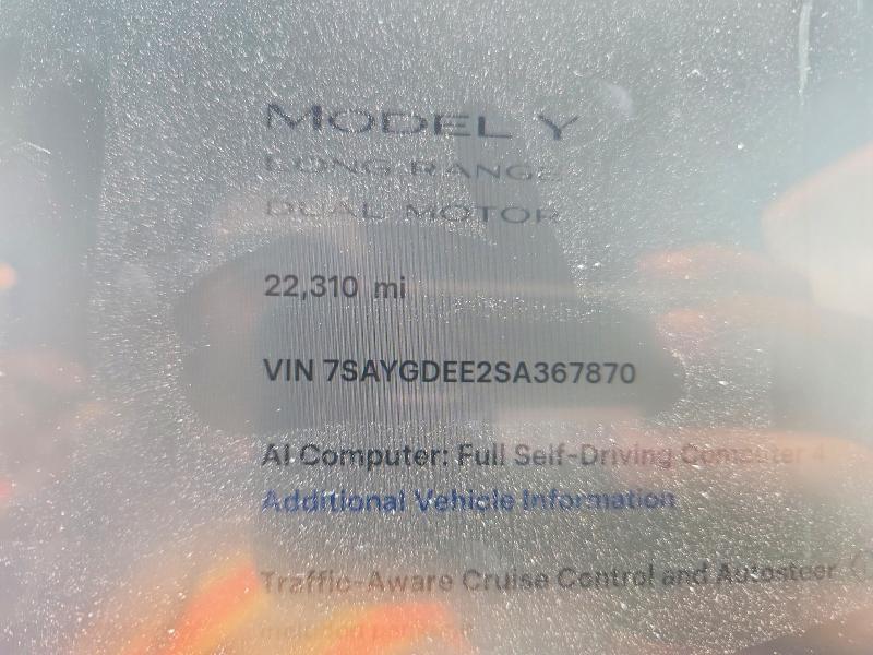 2025 Tesla Model y VIN 7SAYGDEE2SA367870 COPART salvage auction — FRONT END, La - Cert Of Title-Salvage, sold $7,400 on 2026-07-14 (photo 9)