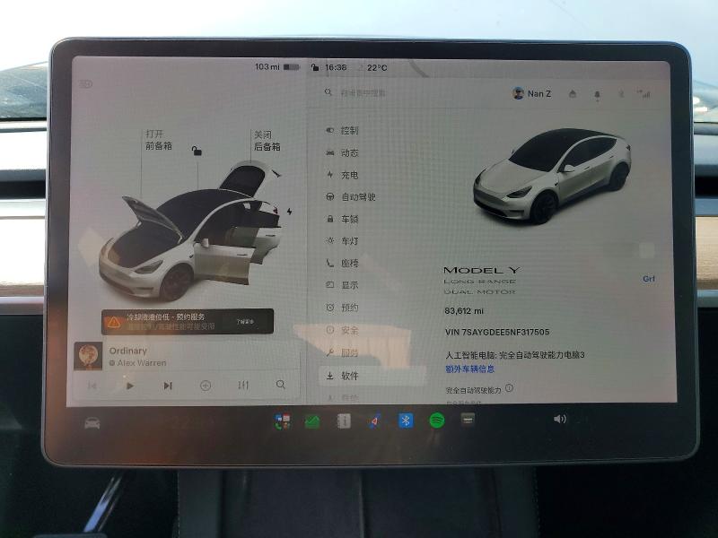 2022 Tesla Model y VIN 7SAYGDEE5NF317505 COPART salvage auction — FRONT END, Ca - Salvage Certificate, sold $8,700 on 2026-07-15 (photo 9)
