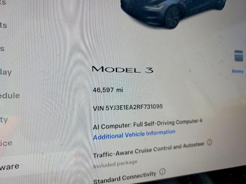 2024 Tesla Model 3 VIN 5YJ3E1EA2RF731095 COPART salvage auction — REAR END, Ca - Salvage Certificate, sold $7,500 on 2026-07-07 (photo 9)