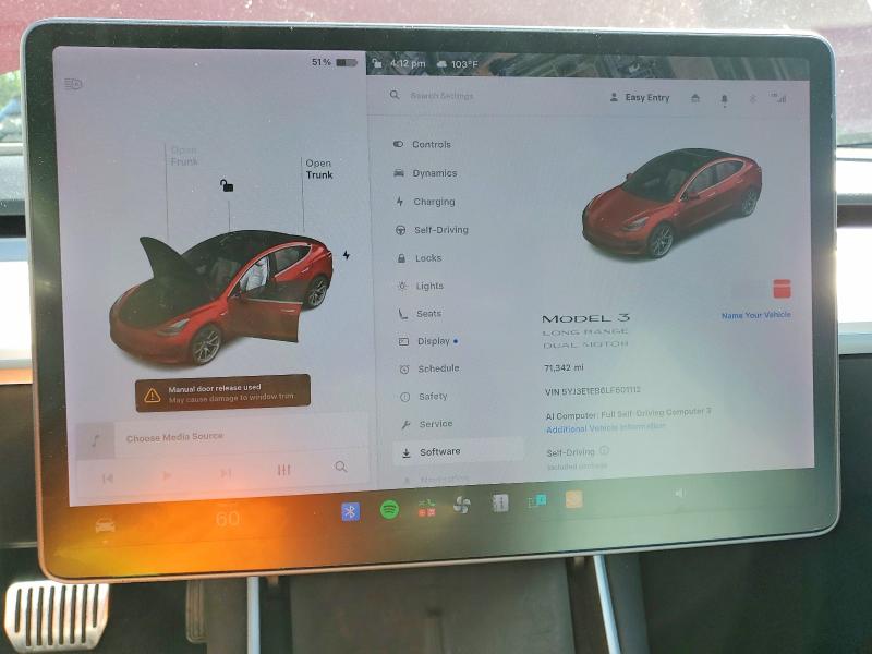 2020 Tesla VIN 5YJ3E1EB6LF601112 COPART salvage auction — UNDERCARRIAGE, Or - Salvage Title Certificate, sold $7,600 on 2026-07-13 (photo 9)