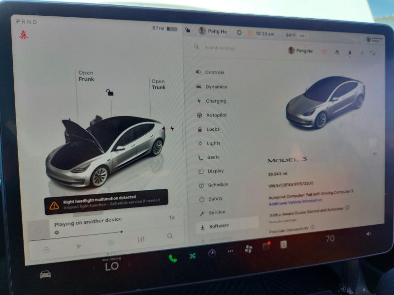2023 Tesla Model 3 VIN 5YJ3E1EA1PF573202 COPART salvage auction — FRONT END, Tx - Salvage Vehicle Title, sold $9,700 on 2026-07-31 (photo 9)