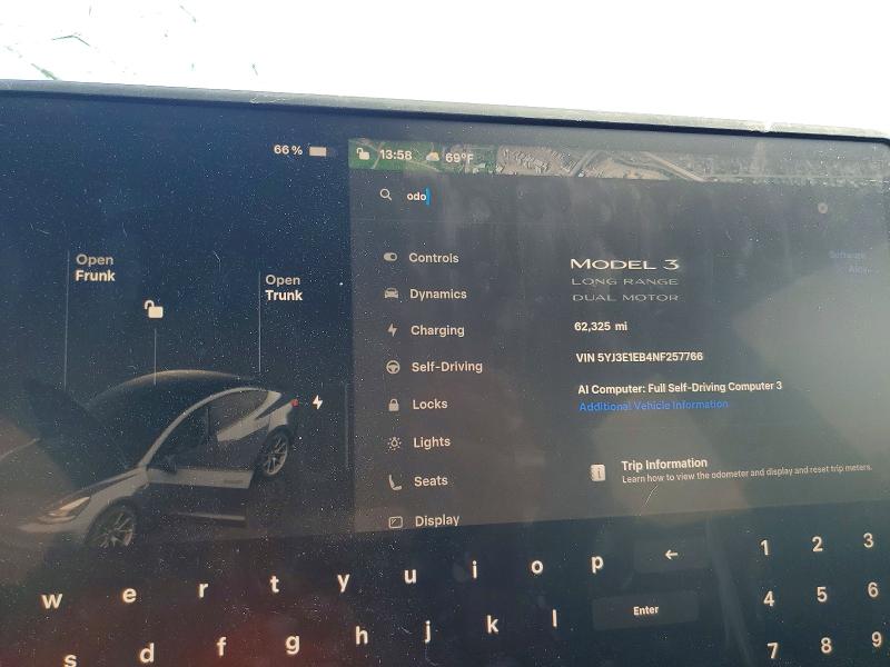 2022 Tesla Model 3 VIN 5YJ3E1EB4NF257766 COPART salvage auction — FRONT END, Or - Salvage Title Certificate, sold $6,900 on 2026-07-06 (photo 9)