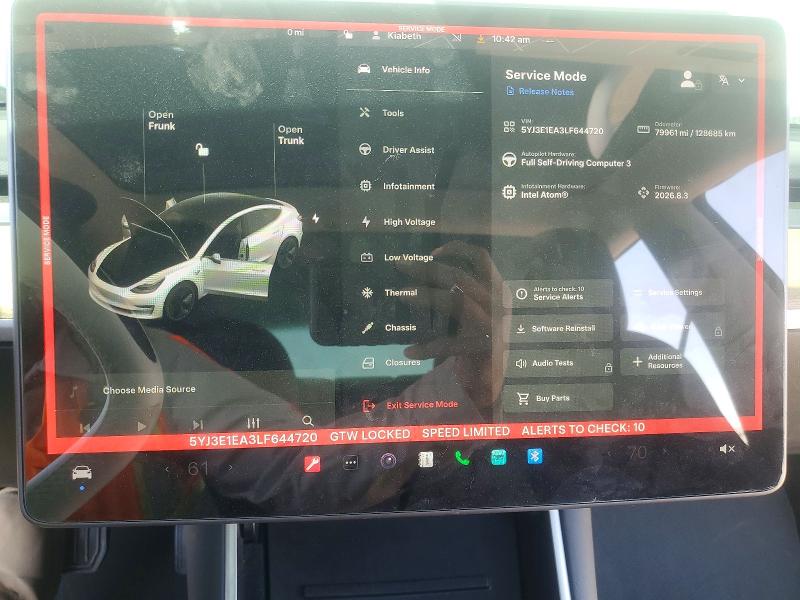 2020 Tesla Model 3 VIN 5YJ3E1EA3LF644720 COPART salvage auction — FRONT END, Ca - Salvage Certificate, sold $5,500 on 2026-07-20 (photo 9)