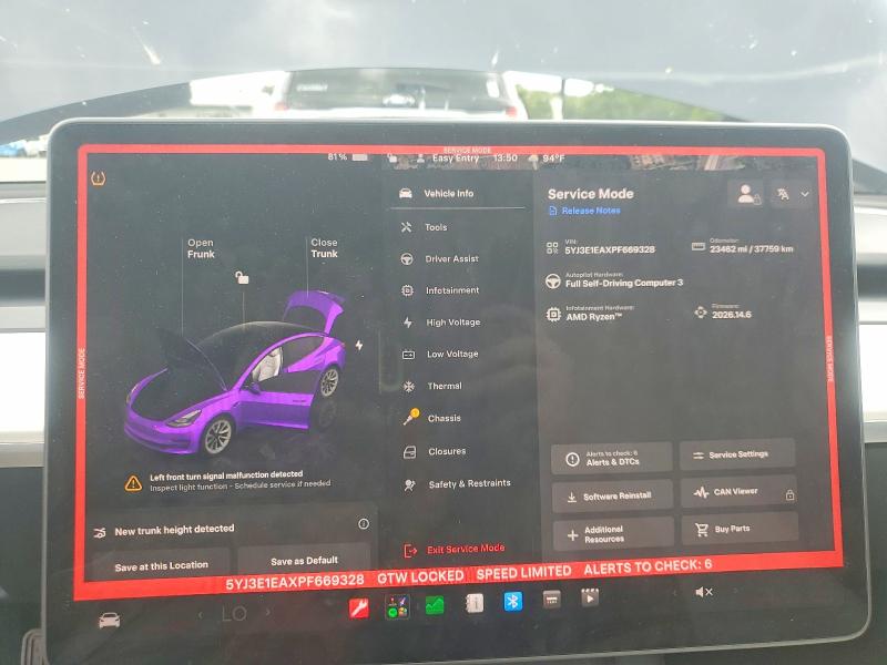 2023 Tesla VIN 5YJ3E1EAXPF669328 COPART salvage auction — FRONT END, Fl - Cert Of Title Slvg Rebuildable, sold $11,500 on 2026-07-13 (photo 9)