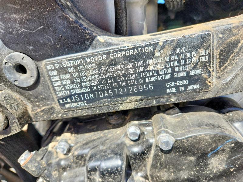 2007 Suzuki Gsx-r600 VIN JS1GN7DA572126956 COPART salvage auction — ROLLOVER, Co - Public - Salvage Title, sold $2,100 on 2026-07-15 (photo 9)