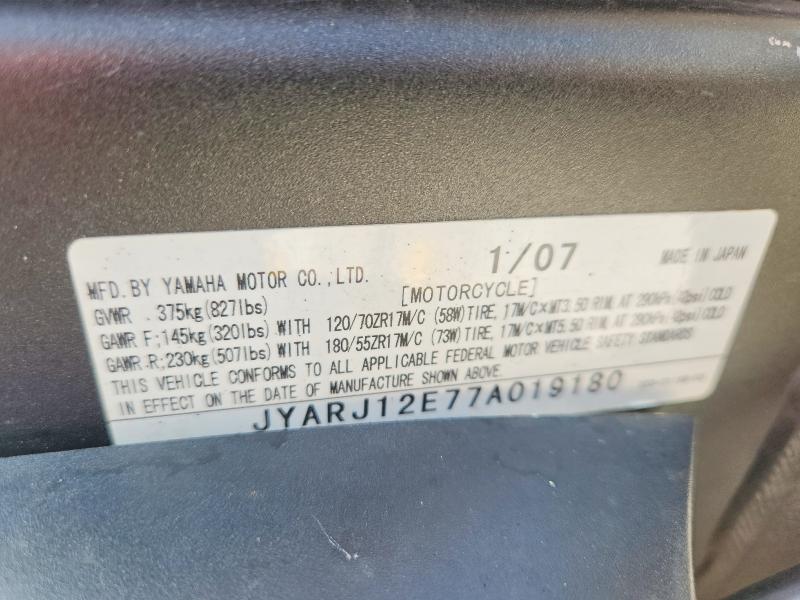 2007 Yamaha Yzf VIN JYARJ12E77A019180 COPART salvage auction — ALL OVER, Mi - Certificate Of Title, sold $825 on 2026-07-09 (photo 9)