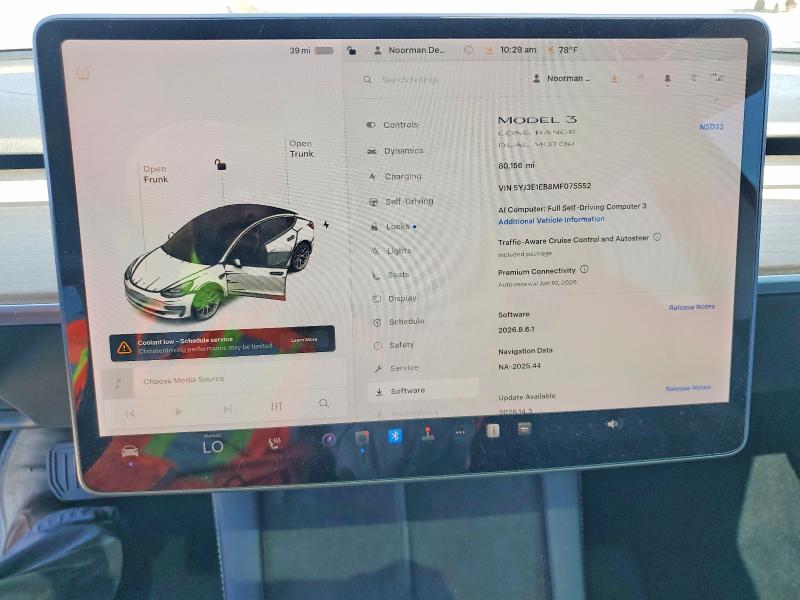 2021 Tesla Model 3 VIN 5YJ3E1EB8MF075552 COPART salvage auction — FRONT END, Ca - Salvage Certificate, sold $5,000 on 2026-07-20 (photo 9)