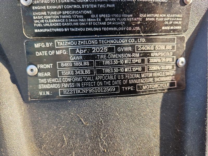 2025 Zhilong St150 VIN HZ2TBCNF9S1012569 COPART salvage auction — ALL OVER, IL - SALVAGE CERTIFICATE, sold $15 on 2026-07-02 (photo 8)