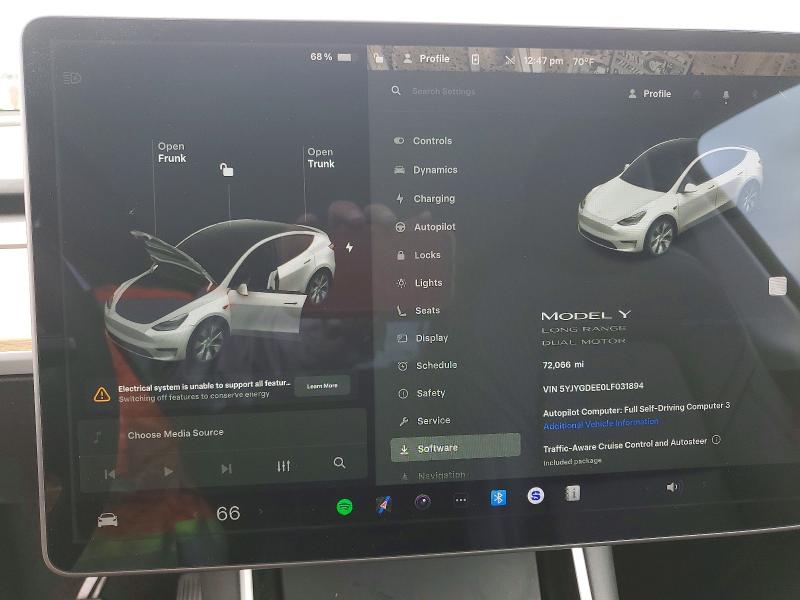 2020 Tesla Model y VIN 5YJYGDEE0LF031894 COPART salvage auction — FRONT END, Ca - Salvage Certificate, sold $8,500 on 2026-07-08 (photo 9)