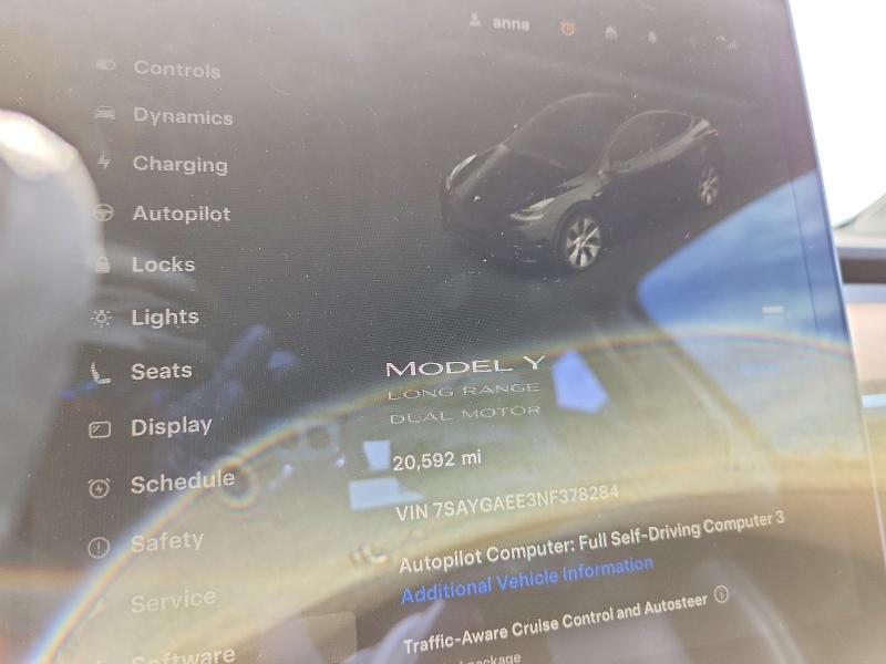 2022 Tesla Model y VIN 7SAYGAEE3NF378284 COPART salvage auction — WATER/FLOOD, Ny - Mv907A-Flood Salvage, sold $12,400 on 2026-07-13 (photo 9)