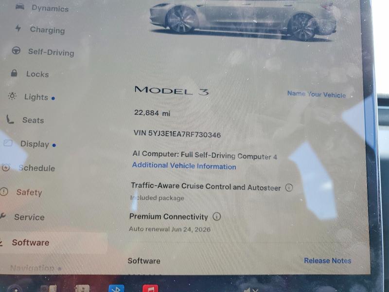 2024 Tesla Model 3 VIN 5YJ3E1EA7RF730346 COPART salvage auction — FRONT END, Ca - Salvage Certificate, sold $11,800 on 2026-07-22 (photo 9)