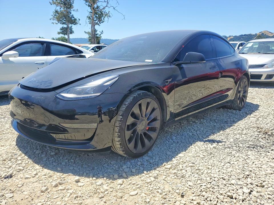 2023 Tesla Model 3 VIN 5YJ3E1EC5PF593857 COPART salvage auction — FRONT END, Ca - Salvage Certificate, sold $7,200 on 2026-07-21 (photo 1)