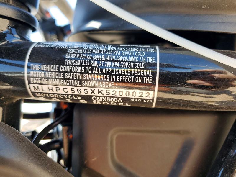 2019 Honda VIN MLHPC565XK5200022 COPART salvage auction — SIDE, Az - Cert Of Title - Salvage, sold $725 on 2026-07-23 (photo 9)