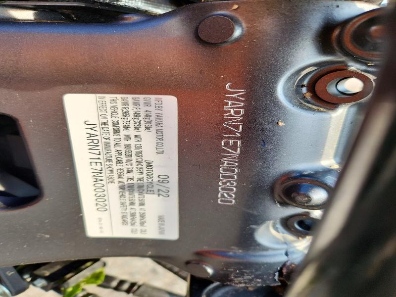 2022 Yamaha Mt VIN JYARN71E7NA003020 COPART salvage auction — FRONT END, In - Cert Of Title-Salvage Title, sold $1,400 on 2026-07-30 (photo 9)