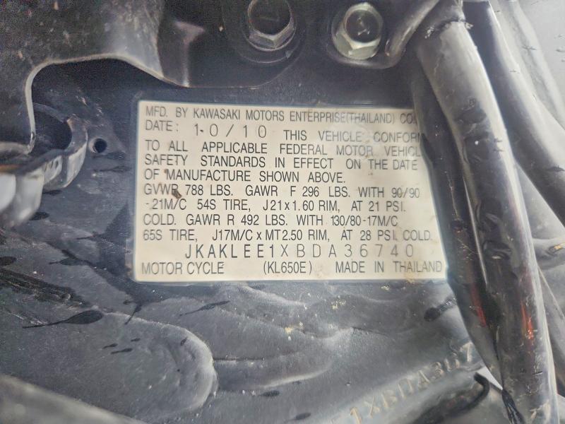 2011 Kawasaki Kl650 VIN JKAKLEE1XBDA36740 COPART salvage auction — FRONT END, Co - Salvage Title, sold $350 on 2026-07-06 (photo 8)