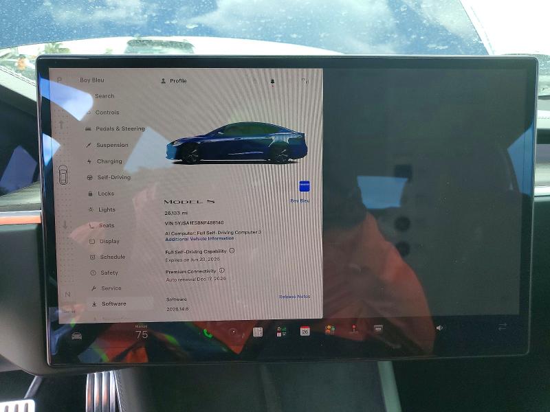 2022 Tesla VIN 5YJSA1E58NF488140 COPART salvage auction — WATER/FLOOD, Fl - Cert Of Title-Slvg Rebld Flood, sold $16,600 on 2026-07-14 (photo 9)