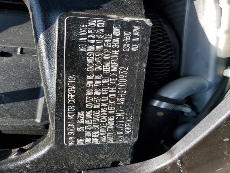 2017 Suzuki Gsx-r VIN JS1GN7FA6H2100932 COPART salvage auction — FRONT END, Ca - Salvage Certificate, sold $2,700 on 2026-07-16 (photo 9)
