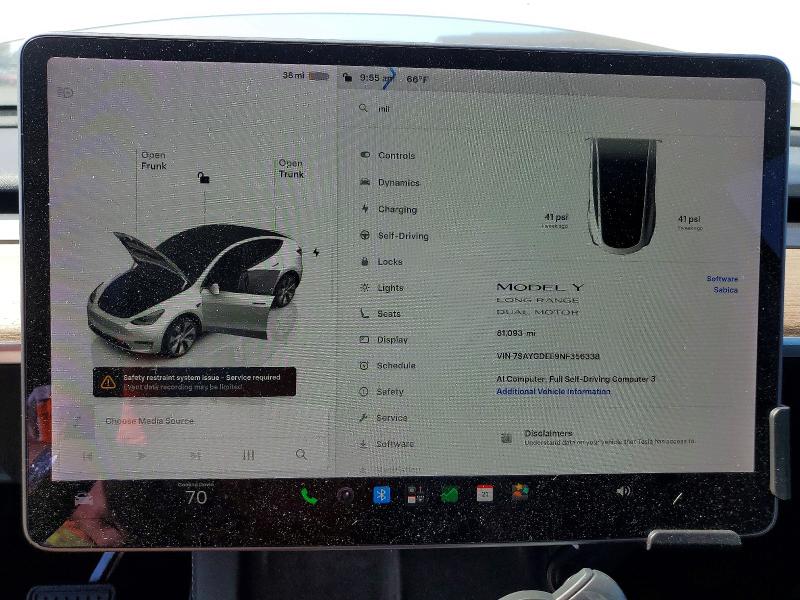 2022 Tesla Model y VIN 7SAYGDEE9NF356338 COPART salvage auction — FRONT END, Ca - Salvage Certificate, sold $13,400 on 2026-07-27 (photo 9)