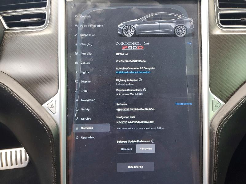 2016 Tesla Model s VIN 5YJSA1E43GF141454 COPART salvage auction — FRONT END, Ca - Salvage Certificate, sold $4,800 on 2026-07-22 (photo 9)