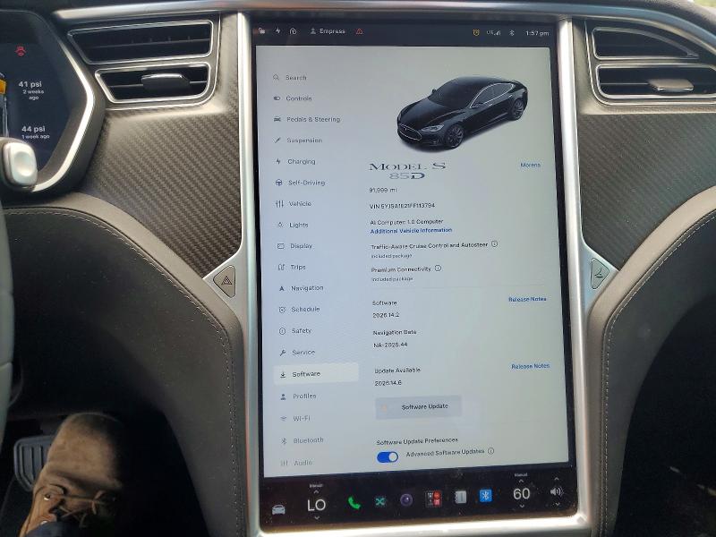2015 Tesla VIN 5YJSA1E21FF113794 COPART salvage auction — UNDERCARRIAGE, Hi - Certificate Of Salvage, sold $575 on 2026-08-31 (photo 9)