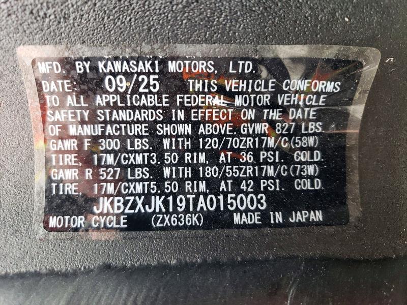 2026 Kawasaki Zx636 VIN JKBZXJK19TA015003 COPART salvage auction — ALL OVER, Sc - Cert Of Title-Salvage, sold $3,600 on 2026-07-09 (photo 9)