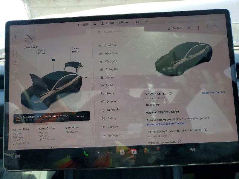 2025 Tesla Model 3 VIN 5YJ3E1EA6SF043350 COPART salvage auction — FRONT END, CA - SALVAGE CERTIFICATE, sold $10,800 on 2026-07-16 (photo 9)